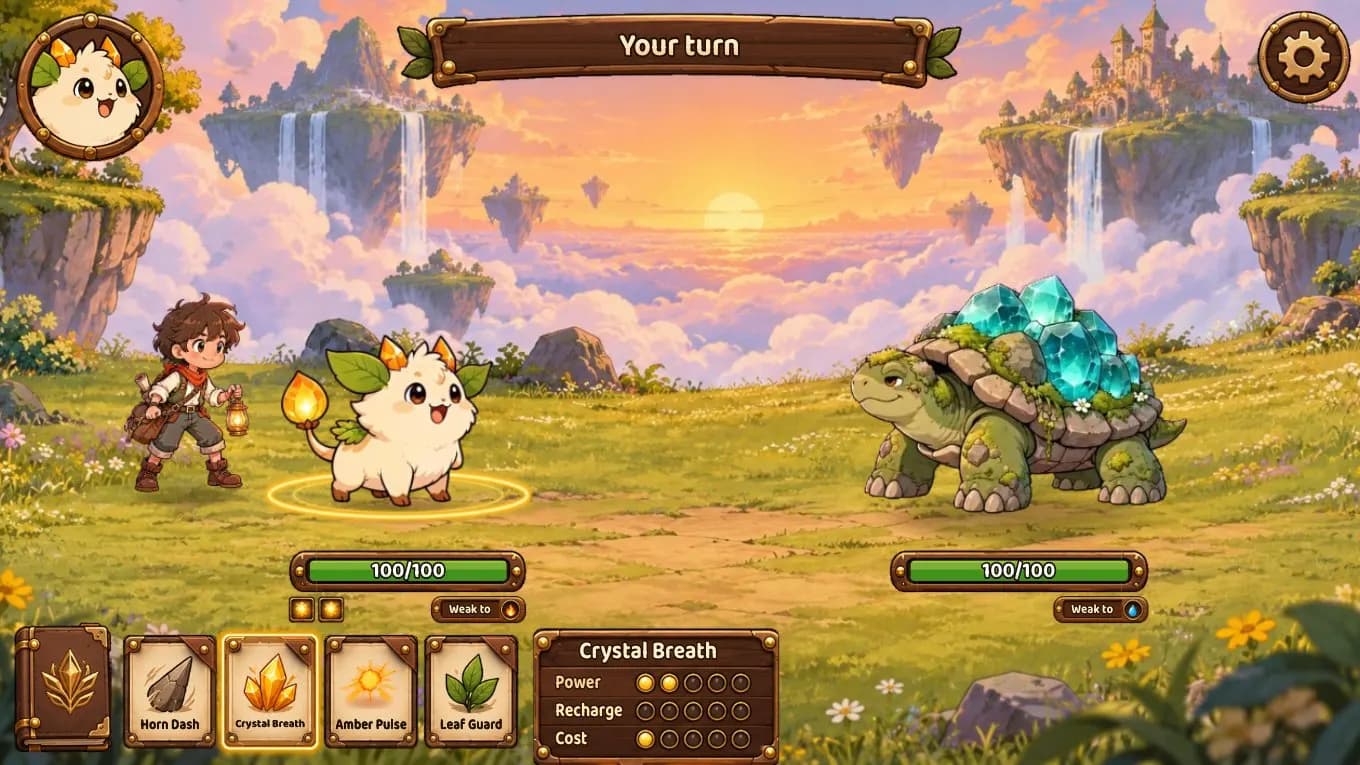 A battle in The Legend of Amber: the child and the companion Ember face a crystal-shelled tortoise. Ember's moves sit along the bottom.