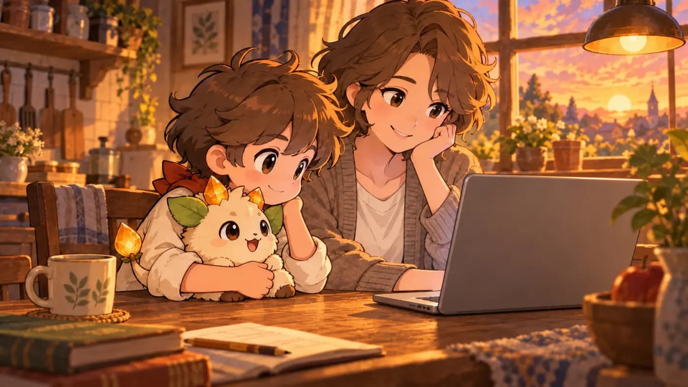 A parent and child at the kitchen table at golden hour. The child hugs Ember, a cream companion with leaf ears.