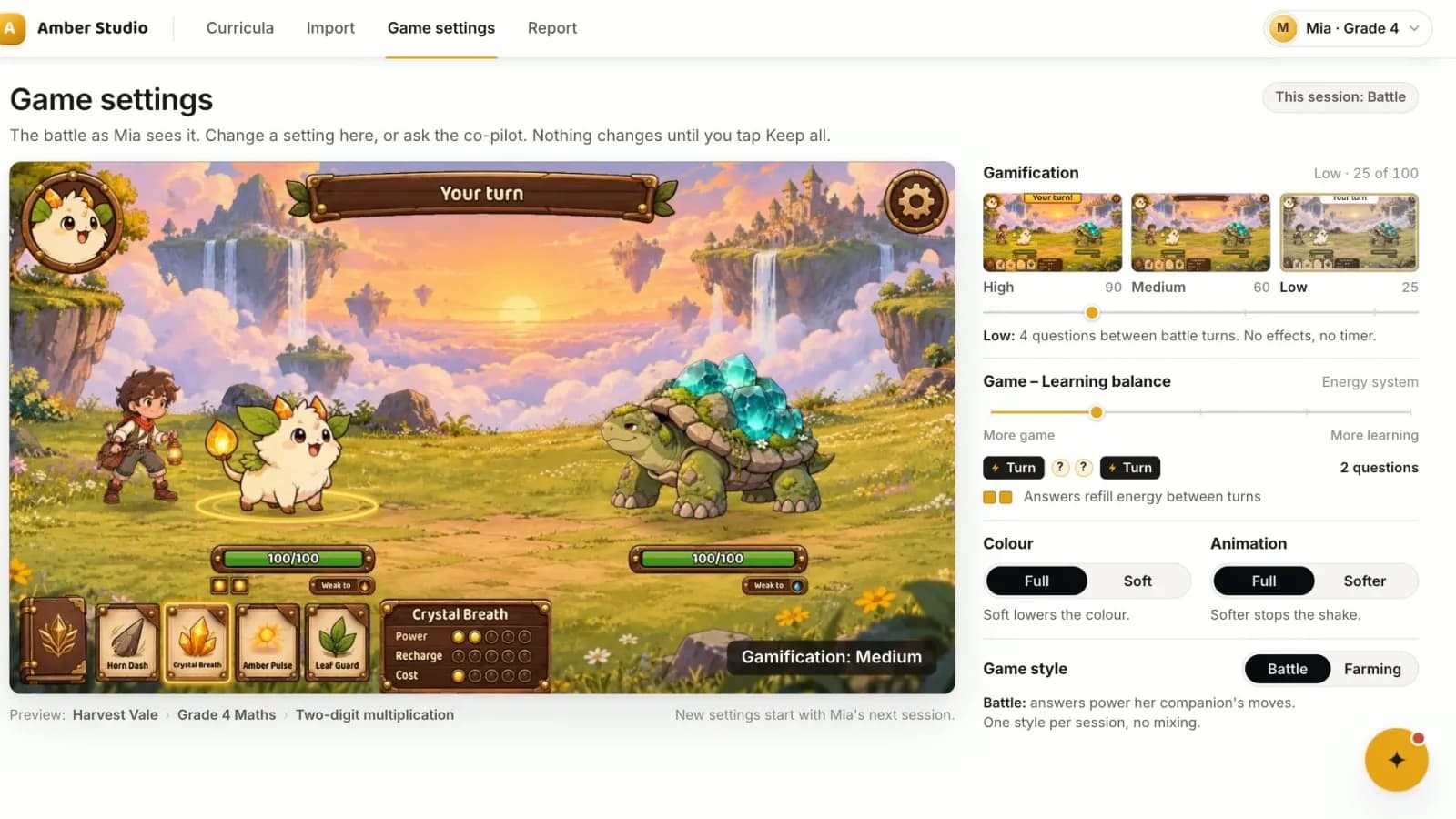 Amber Studio game settings: a preview of the battle as the child sees it, with sliders for gamification and game-learning balance.