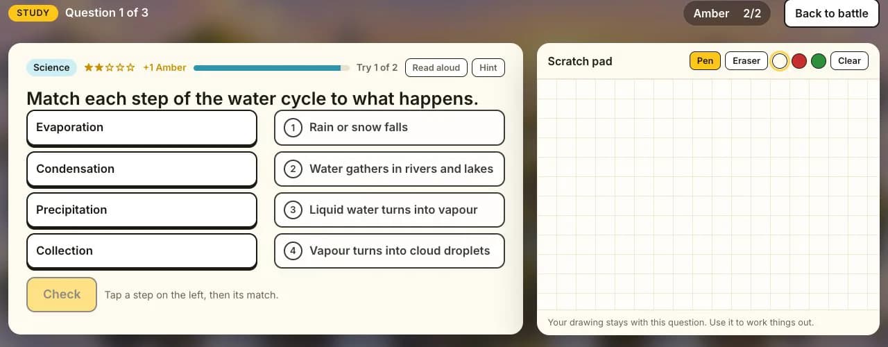 A science question with a scratch pad: match each step of the water cycle to what happens.