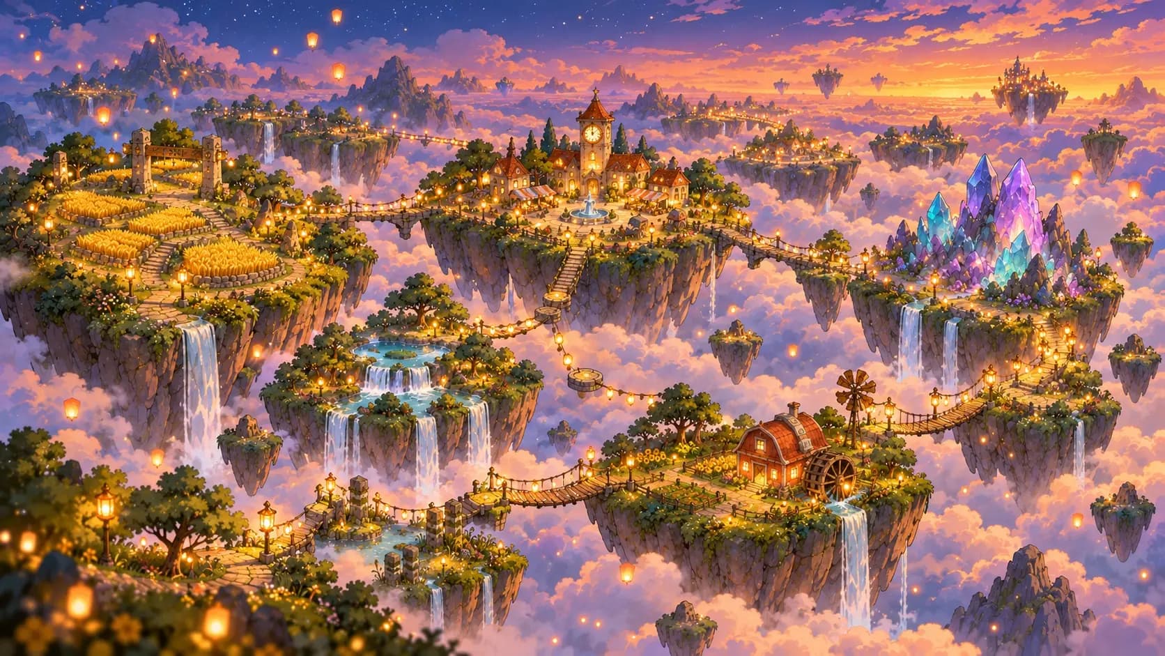 A world of floating islands at dusk, with farms, waterfalls, a castle and crystal peaks.